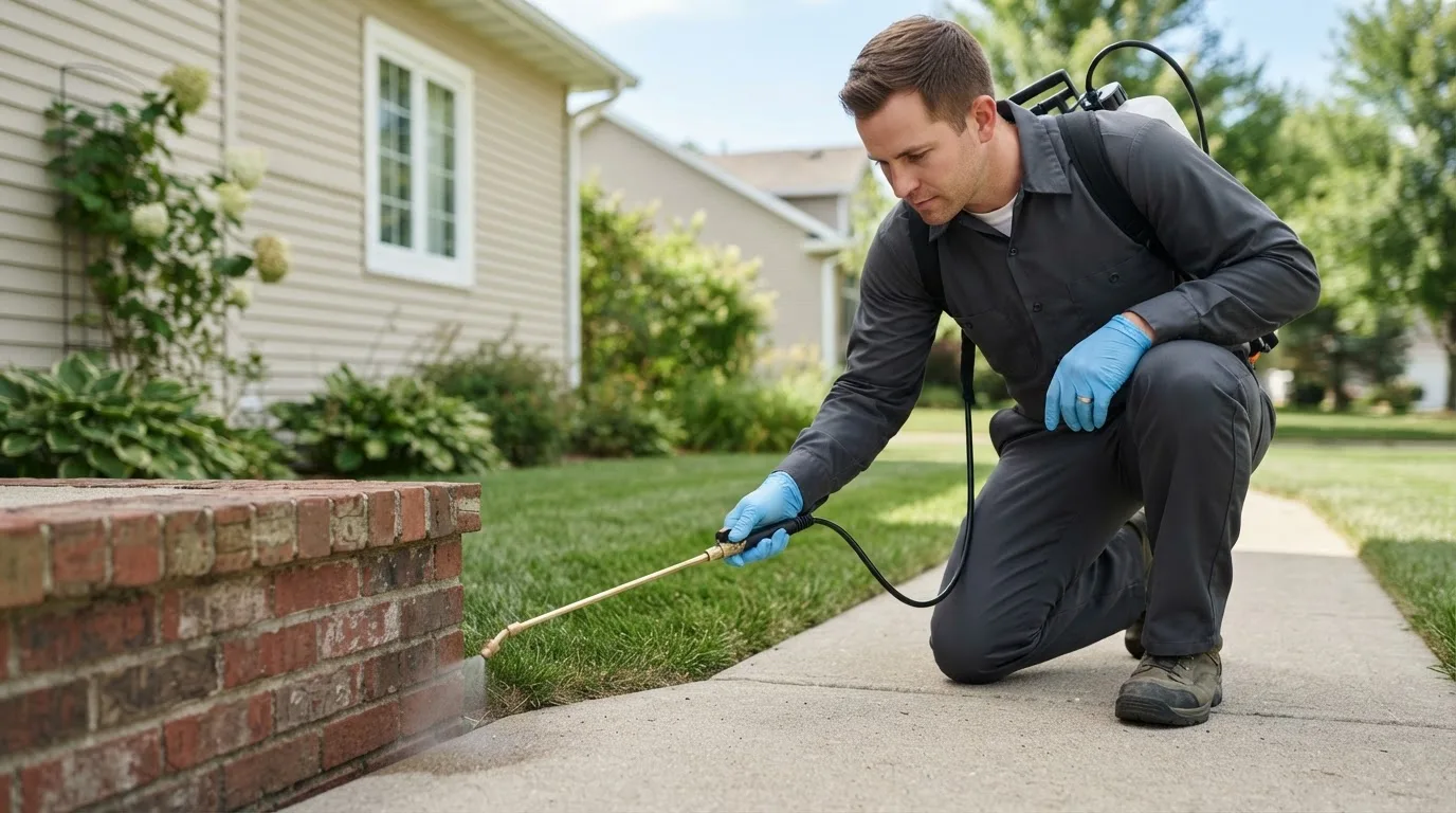 Pest control technician treating a home near Riverton, CT
