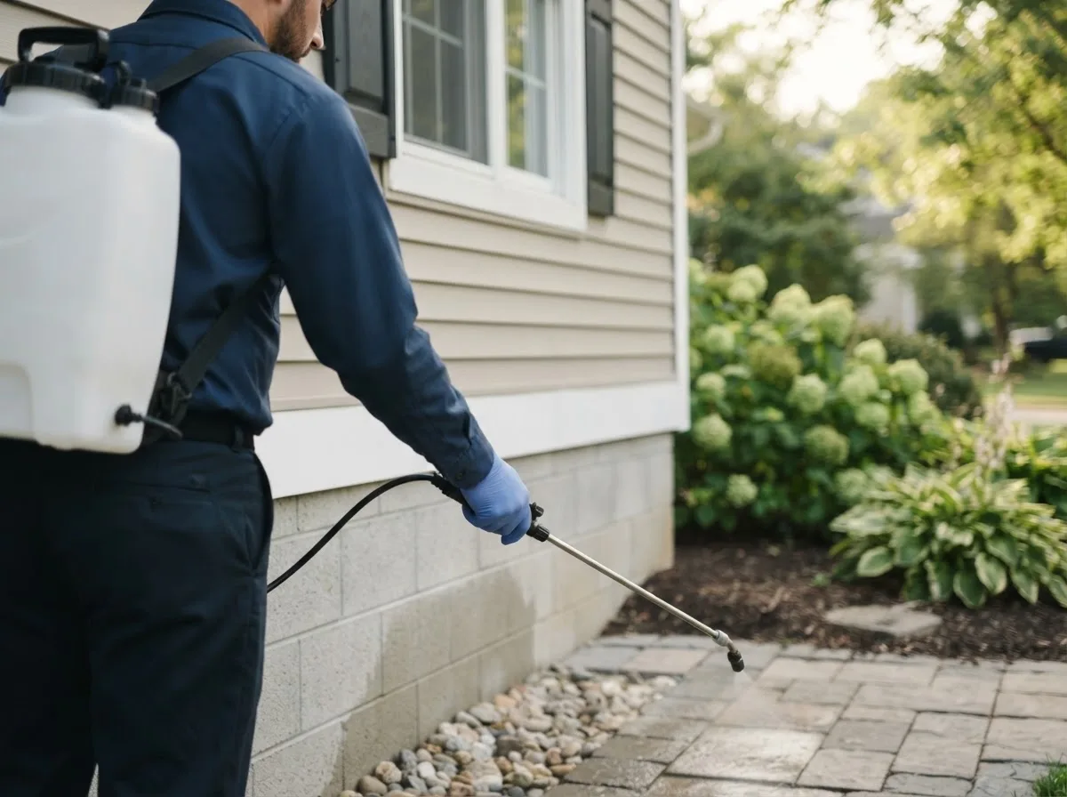 Pest control technician inspecting a home in Riverton, CT